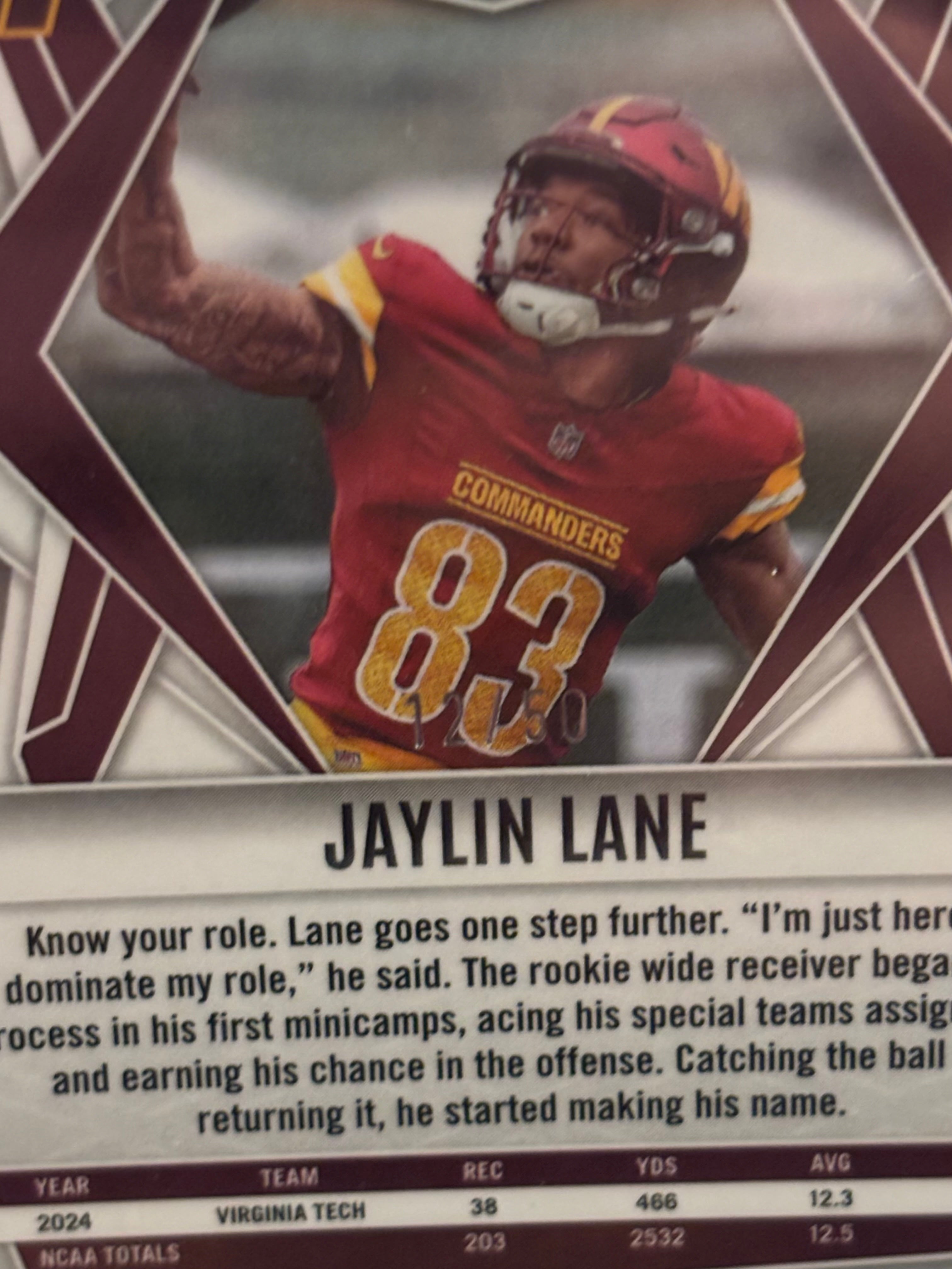 Jaylin Lane 2024 Panini Phoenix RC /50 #12/50 – Washington Commanders Rookie Parallel