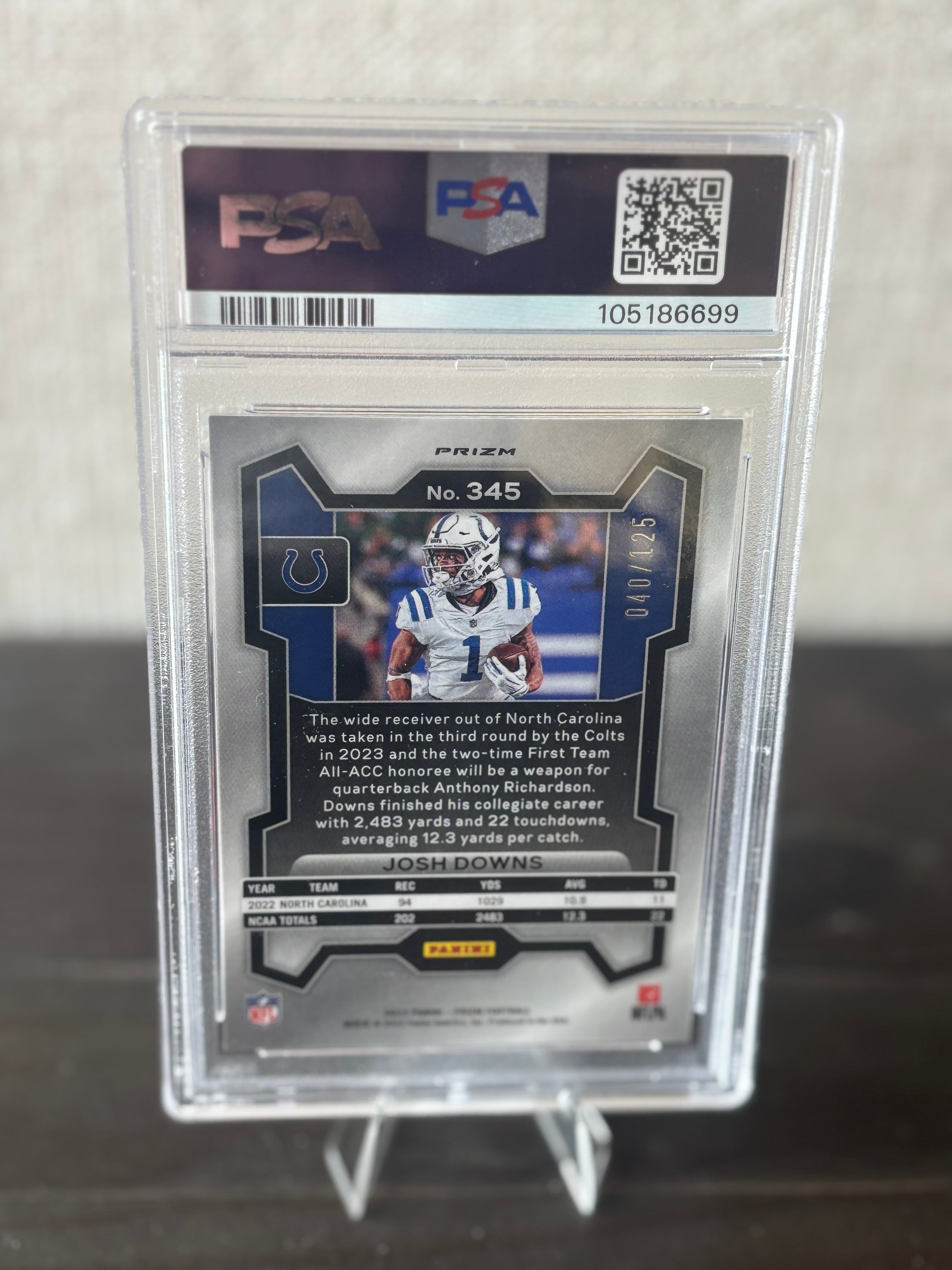 Josh Downs Rookie Card— 2023 Prizm Purple Prizm /125 — PSA 10